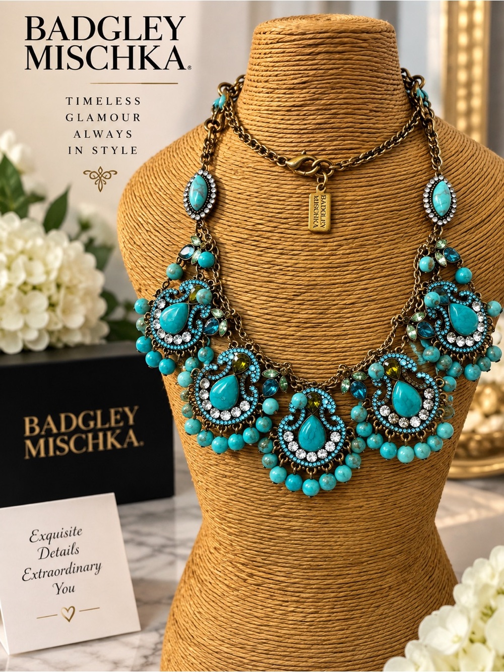 Badgley Mischka Turquoise and Gold Statement Bib Necklace